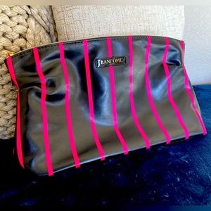Black and hot pink pinstripe Lancôme makeup bag